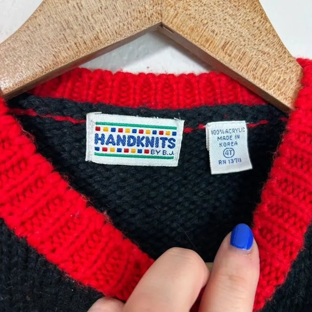 VTG Handknits By BJ Knit Cardigan Sweater 4T Christmas Santa Clause Kitschy